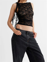 Lace Floral See Through Tank for Mesh Sheer Sleeveless Tassels Sexy Black Slim Mini Vests Streetwear Crop Tops